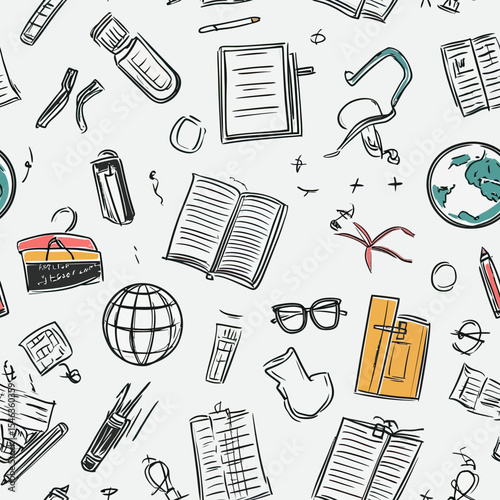 Hand drawn back to school seamless pattern with open books, notebooks, glasses, globe, backpack, pens, test tube, and laboratory flask doodle illustrations on white background