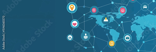 Global network connection with digital social media icons and world map illustrating online communication and technology concept for business and technology integration