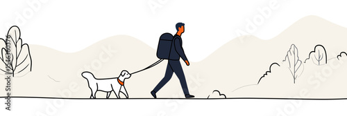 Minimalist vector illustration of man walking dog outdoors with backpack flat line art nature landscape hiking adventure lifestyle concept