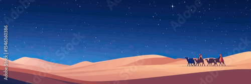 Arabian caravan crossing vast desert dunes under starry night sky minimalistic flat vector illustration travel journey nomads silhouette