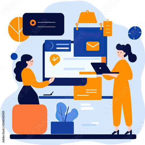 Two business women collaborating on digital project using laptop and interactive screens with charts and messages in modern flat vector style