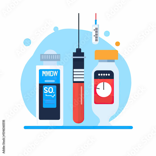 Flat minimalist vector illustration of insulin syringe with vial and medicine bottle for diabetes treatment and blood sugar management concept design