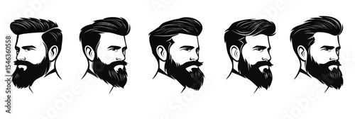 Set of male bearded face portraits side profile silhouette with styled haircuts, full beard and mustache, flat vector illustration collection for grooming and hairstyle design concepts