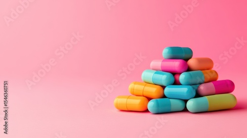 Colorful Capsules and Tablets Stacked on a Soft Pink Background for Health and Wellness