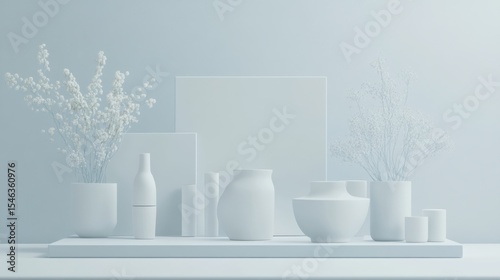 Minimalist Still Life Arrangement with White Vases and Floral Accents in Soft Lighting