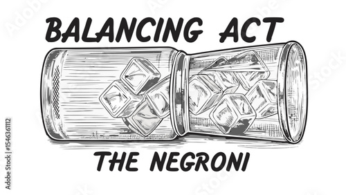 Illustration of two glass containers connected with ice cubes and the words balancing act and the negroni