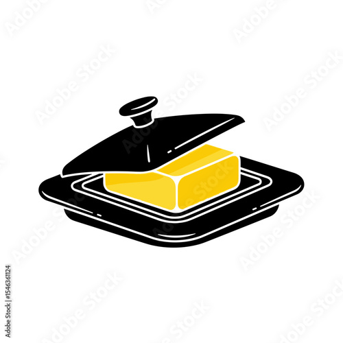 Dish with butter stick under lid, minimalistic design, copy space
