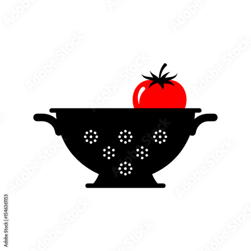 Colander with red tomato on white background, minimalistic design, copy space