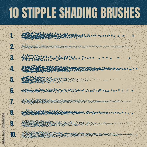 Ink scatter brush, stipple drawing and texturing. Fading gradient. Stippling, dotwork drawing, shading using dots. Halftone disintegration effect. White noise grainy texture. Vector illustration