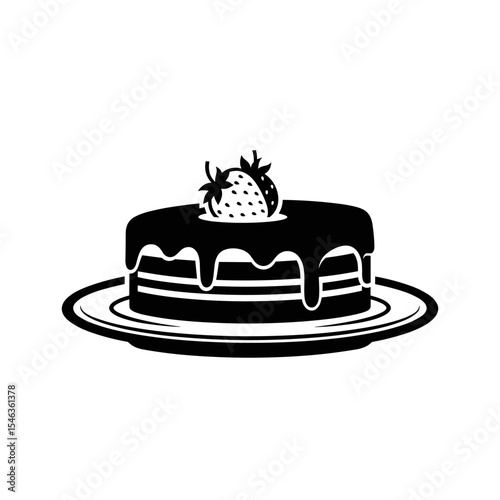 Layered cake with strawberry and icing on a plate, minimalistic design, copy space
