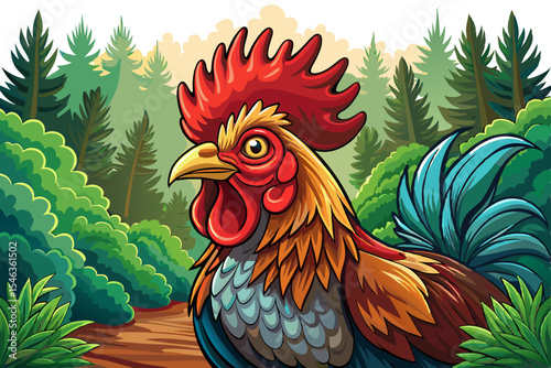 Proud rooster with puffed chest and raised comb standing tall in forest setting bold vector illustration perfect for farm-themed designs, prints, and educational content
