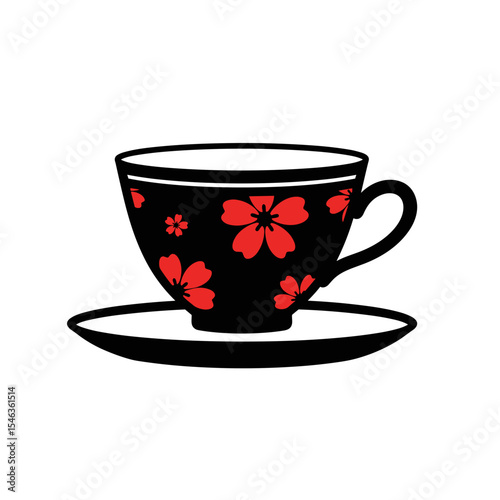 Floral patterned cup on a saucer, minimalistic design, copy space