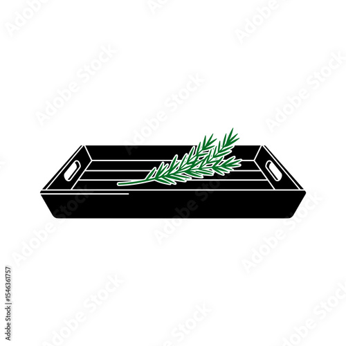 Serving tray with a sprig of rosemary, minimalistic design, copy space