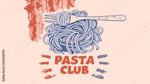Illustration of a fork piercing a nest of pasta with pasta club text and abstract shapes around it alluding to food