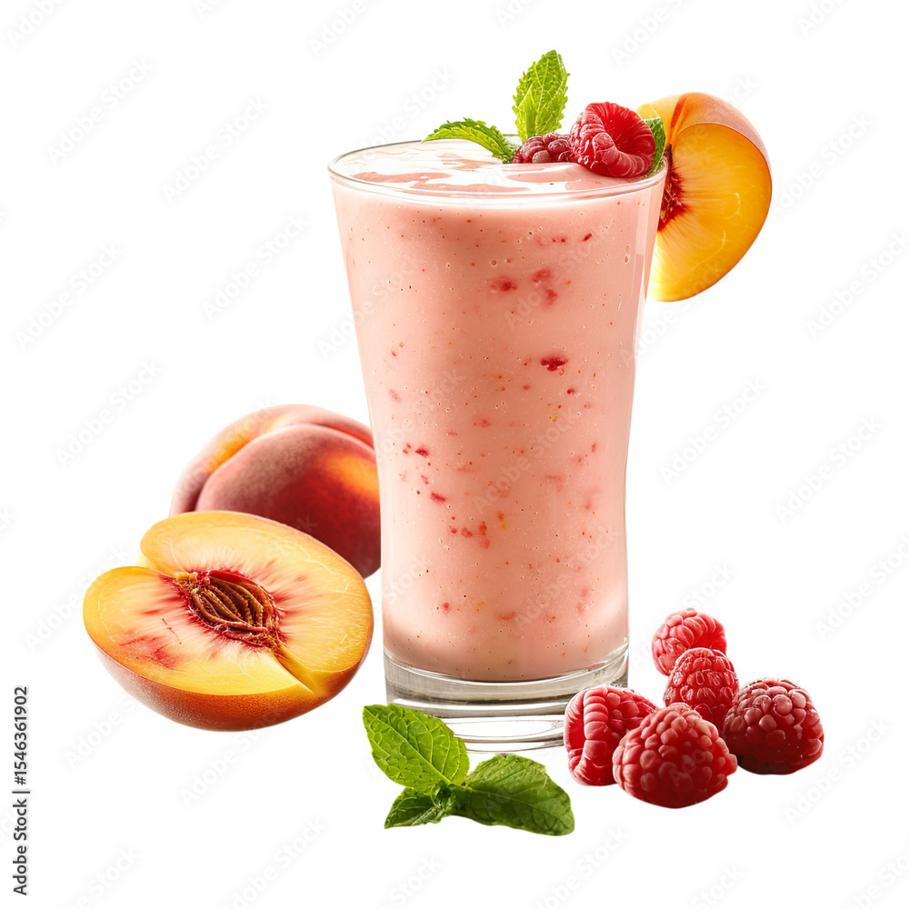 Vibrant peach smoothie with fruit garnish on clean background Vibrant peach smoothie with fruit garnish on clean background