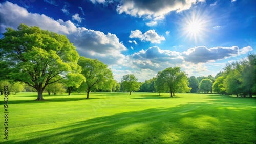 A lush green grass lawn with a bright blue sky and a sunny day