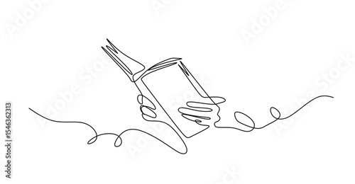 hand holding opened books reading one line drawing continuous copy space minimalist art decorative
