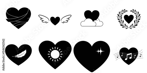 Isolated set of vector heart symbols: wrapped, with wings, wreath, feather, sun, stars, music - symbol of freedom, gratitude, inspiration, suitable for tattoos, stickers, emotional designs, psychologi