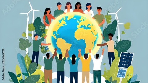 Flat vector illustration of people from different countries holding a glowing Earth together with plants, wind turbines, and solar panels around it. Use diverse clothing styles and eco-friendly color 