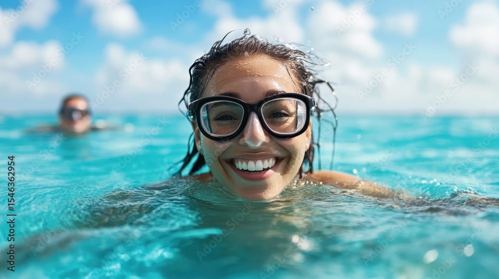 Naklejka premium A joyful woman with glasses smiles while swimming in transparent blue ocean waters, embodying the essence of summer fun, freedom, and connection with nature's beauty.