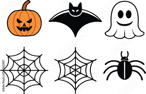 Halloween icons pumpkin bat ghost spider web vector illustration
