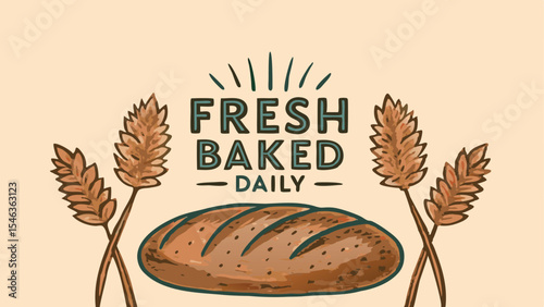 Illustration of a loaf of bread with wheat stalks and the words fresh baked daily in a decorative style