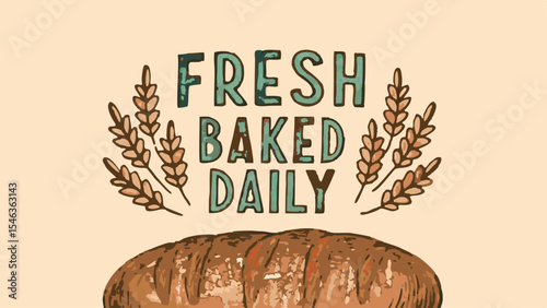 Fresh baked daily text with wheat stalks and a loaf of bread illustration on a beige colored background is shown