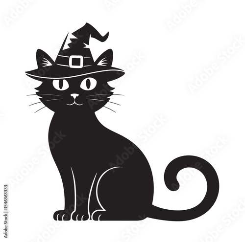  Black Cat Wearing Witch Hat, Halloween Vector Clipart Illustration