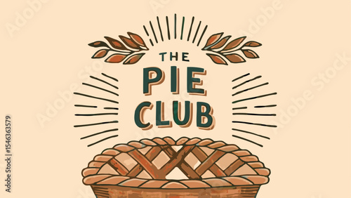 Illustration of a pie club logo with a pie, leaves, and radiating lines on a light tan background color