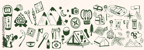 Hand-drawn travel and camping icons set in monochrome style