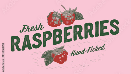 Illustration of fresh raspberries with green leaves and stems on a pink background with text overlay design