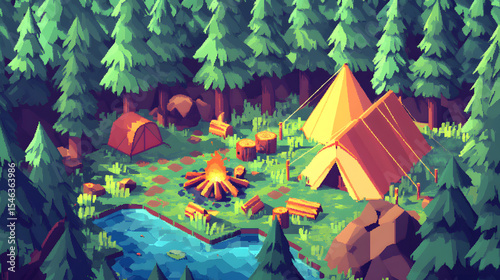Pixel Art Campsite Retro Video Game Style