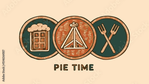Illustration featuring a beer, a teepee, and crossed forks in circular frames with pie time text below