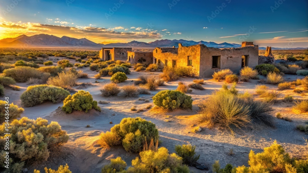Obraz premium Desert landscape with crumbling adobe buildings and overgrown vegetation
