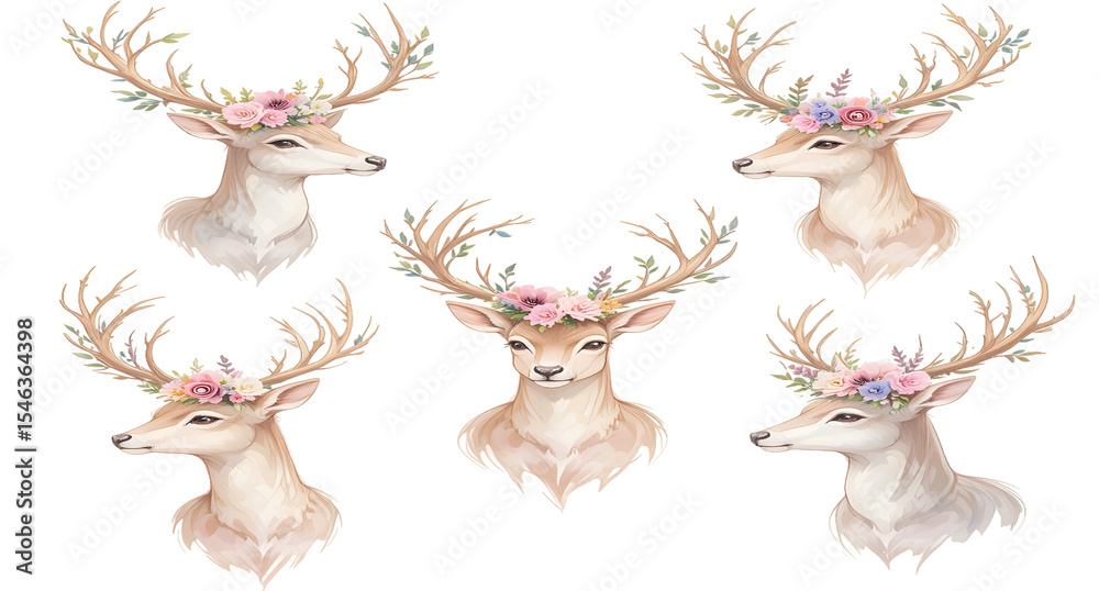 Fototapeta premium deer with flowers watercolor deer set with floral Antlers Soft Pastel Animal PNG animal reindeer transparent deer png watercolor reindeer gentle deer artwork romantic deer painting deer with leaves 