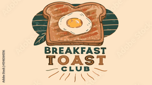 Illustration of breakfast toast club logo featuring a slice of toast with a fried egg on top and text below it