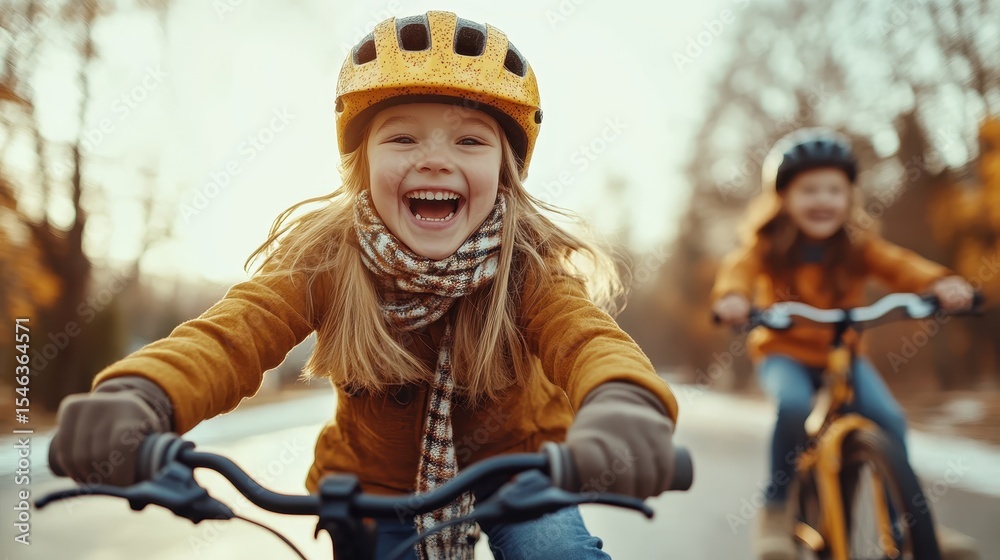 Obraz premium Two joyful children laughing and biking through a sunlit autumn forest, showcasing the beauty of childhood freedom and the thrill of adventure in nature's embrace.