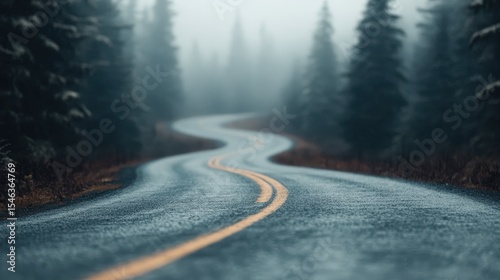 A winding road disappears into a misty pine forest, creating an atmospheric and mysterious scene that invites exploration and adventure amidst nature's tranquility.