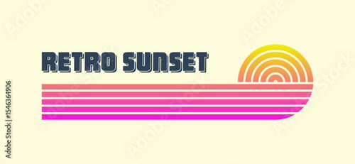 Vintage colorful sunset. Various gradient striped sunrise badges in 80s and 90s style. Sun and ocean view, summer vibes, surfing. Design element for print, logo or t-shirt. Vector illustration