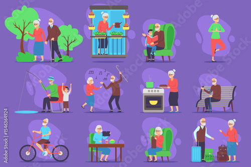 Collection of elderly individuals participating in diverse activities such as gardening, exercising, cooking, and spending time with family