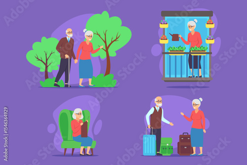 Set of elderly couple engaged in various activities, showcasing moments of companionship, gardening, and travel, set against vibrant, colorful backdrop of nature