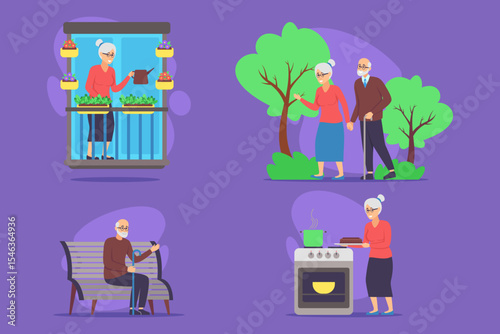 Four diverse illustrations of elderly individuals involved in activities like gardening, walking, cooking, and relaxing