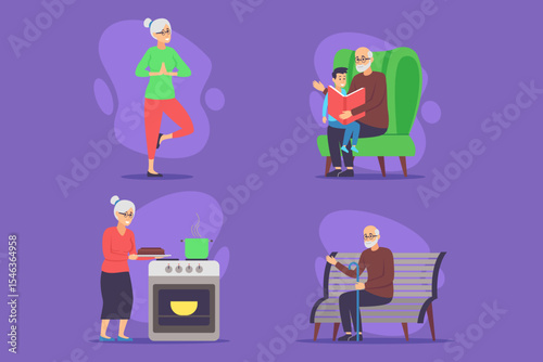 Various daily activities of elderly family members. Grandmother exercising, another preparing food, while grandfather sharing story with child