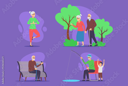 Four different scenes of seniors engaged in leisure activities outdoors. People practicing yoga, walking together, fishing, and relaxing on bench