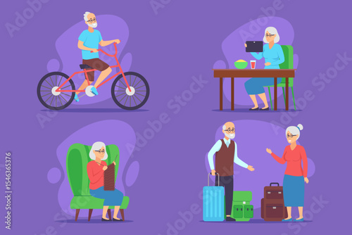 Colorful collection of elderly individuals engaged in various activities such as cycling, enjoying meal, knitting, and preparing for trip, highlighting their vibrant lifestyles