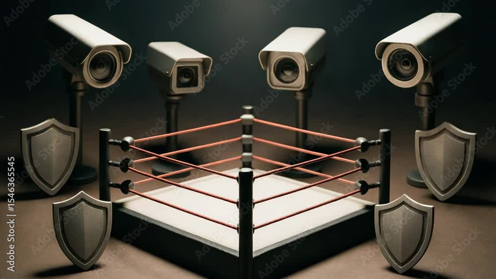 A dramatic setup featuring a wrestling ring surrounded by security cameras and shields, highlighting themes of surveillance and protection in modern society.