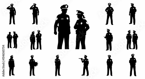 Police Officer and Police Woman Characters Set Illustration Black Silhouette