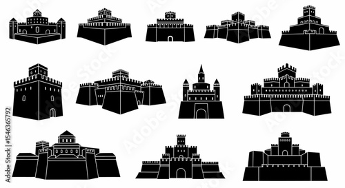 A Collection of Fortresses Black Silhouette Isolated on White Background