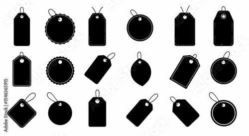Diverse Set of Black Price Tags Shapes on White Background