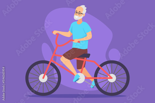 Older gentleman with beard riding bright red bicycle against purple background. Man wearing blue shirt and shorts, showcasing carefree and happy demeanor